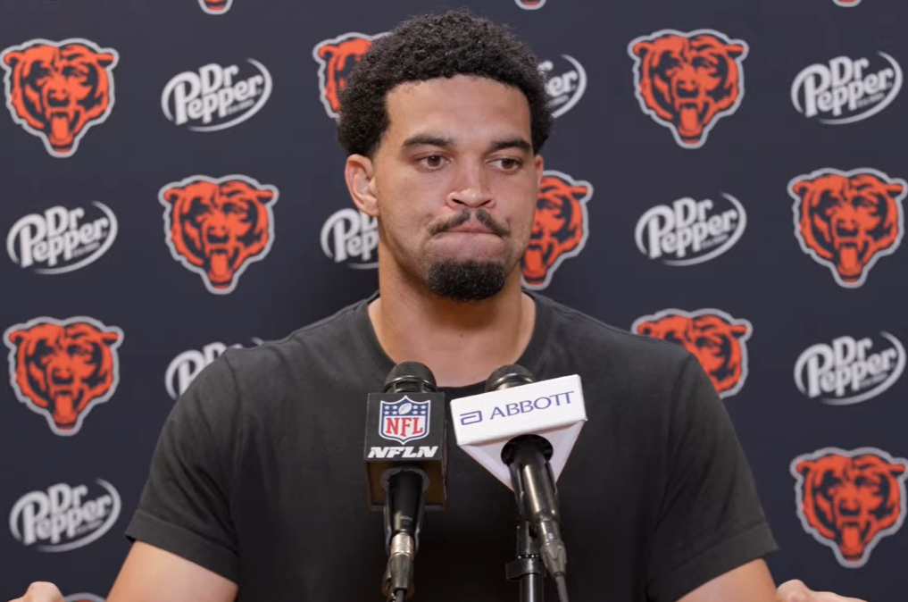 Chicago Bears quarterback Caleb Williams speaks with reporters following Saturday's game.