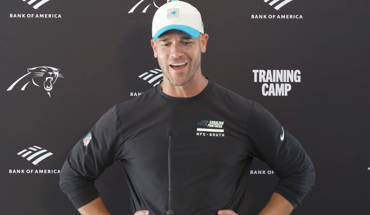 Carolina Panthers head coach Dave Canales speaks with reporters following Monday's practice.