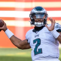 October 4, 2020; Santa Clara, California, USA; Philadelphia Eagles quarterback Jalen Hurts (2) before the game against the San Francisco 49ers at Levi's Stadium.