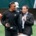Dec 13, 2020; Philadelphia, Pennsylvania, USA; Philadelphia Eagles quarterback Jalen Hurts (L) talks with general manager Howie Roseman (R) before a game against the New Orleans Saints at Lincoln Financial Field.