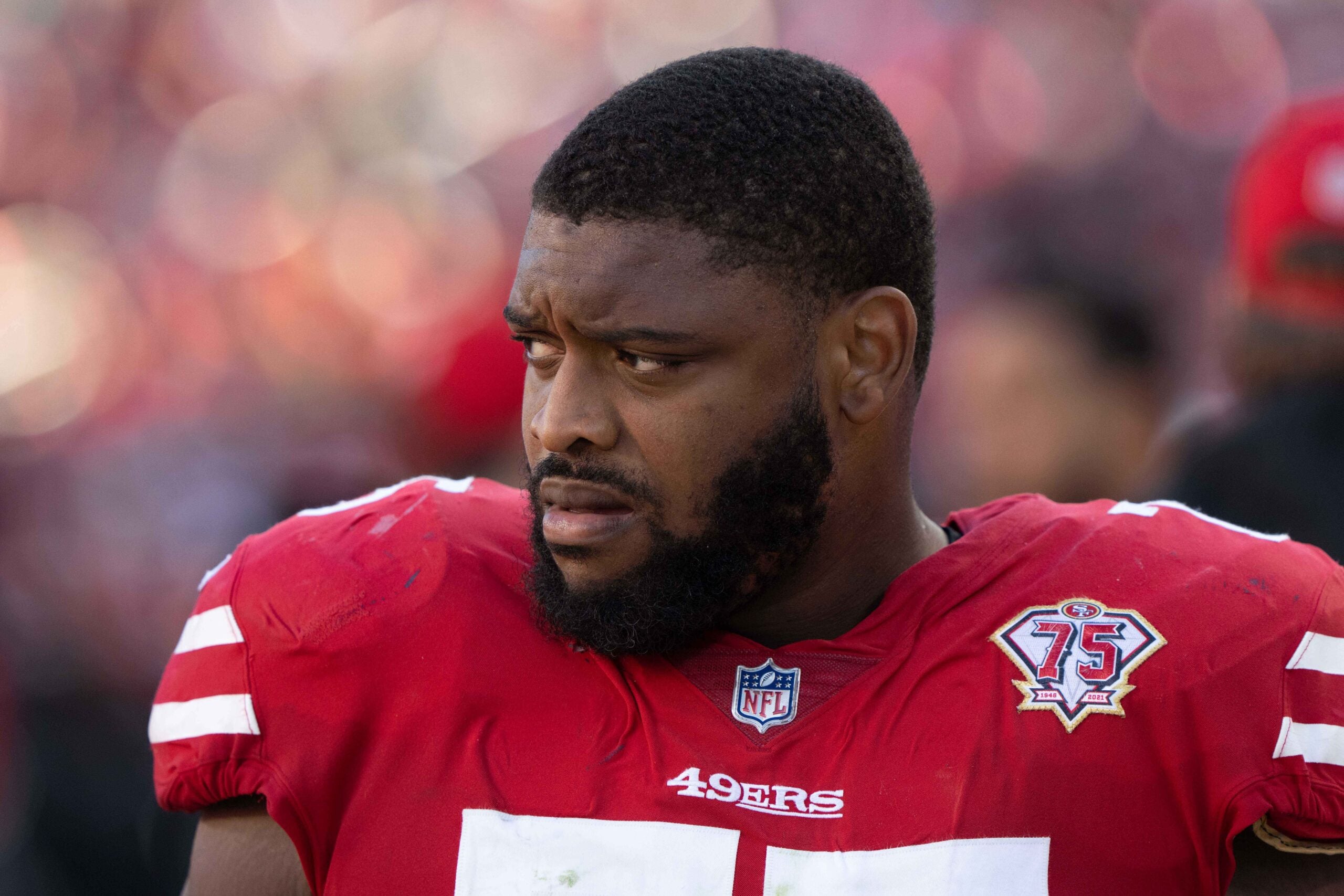 Jan 2, 2022; Santa Clara, California, USA; San Francisco 49ers guard Laken Tomlinson (75) during the third quarter against the Houston Texans at Levi's Stadium.