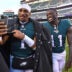 Dec 4, 2022; Philadelphia, Pennsylvania, USA; Philadelphia Eagles quarterback Jalen Hurts (1) and wide receiver A.J. Brown (11) walks off the field after win against the Tennessee Titans at Lincoln Financial Field.