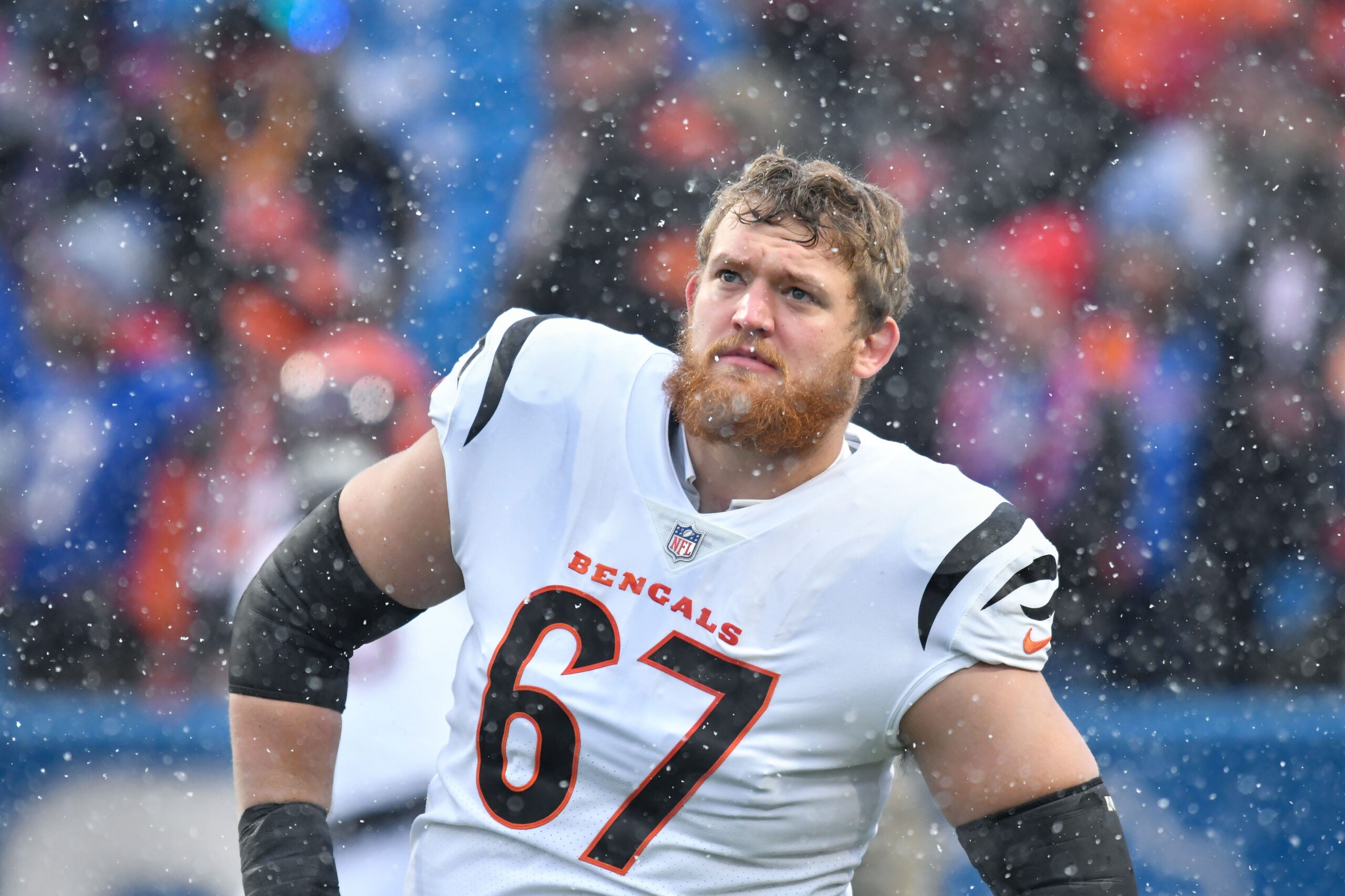 Jan 22, 2023; Orchard Park, New York, USA; Cincinnati Bengals offensive tackle Cordell Volson (67) on the field prior to an AFC divisional round game against the Buffalo Bills at Highmark Stadium.