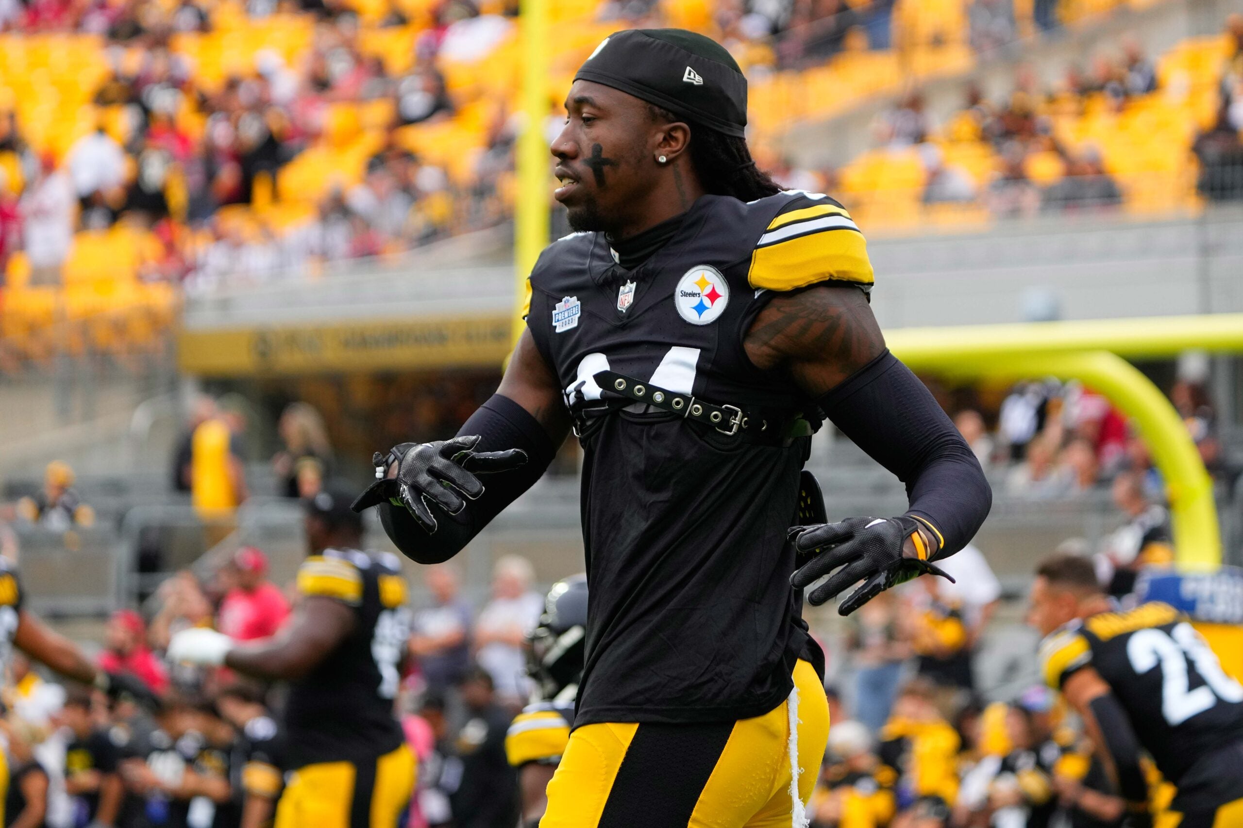 Sep 10, 2023; Pittsburgh, Pennsylvania, USA; Pittsburgh Steelers cornerback Joey Porter Jr. (24) warms up prior to the game against the San Francisco 49ers at Acrisure Stadium.