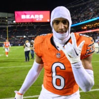Nov 9, 2023; Chicago, Illinois, USA; Chicago Bears defensive back Kyler Gordon (6) walks off the field after a game against the Carolina Panthers at Soldier Field.