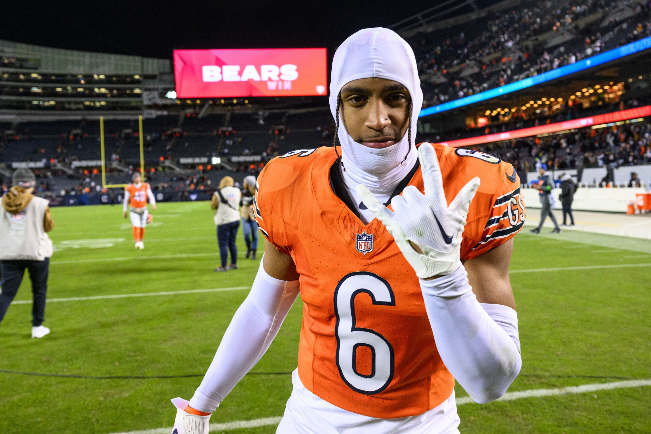 Nov 9, 2023; Chicago, Illinois, USA; Chicago Bears defensive back Kyler Gordon (6) walks off the field after a game against the Carolina Panthers at Soldier Field.