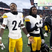 Nov 26, 2023; Cincinnati, Ohio, USA; Pittsburgh Steelers cornerback Joey Porter Jr. (24) and cornerback Darius Rush (21) celebrate after the game against the Cincinnati Bengals at Paycor Stadium.