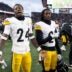 Nov 26, 2023; Cincinnati, Ohio, USA; Pittsburgh Steelers cornerback Joey Porter Jr. (24) and cornerback Darius Rush (21) celebrate after the game against the Cincinnati Bengals at Paycor Stadium.