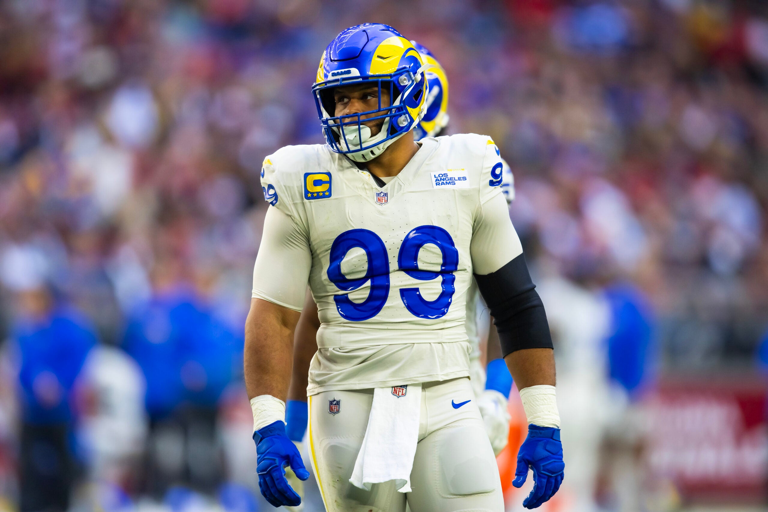 Nov 26, 2023; Glendale, Arizona, USA; Los Angeles Rams defensive tackle Aaron Donald (99) against the Arizona Cardinals at State Farm Stadium.