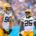 Sep 22, 2024; Nashville, Tennessee, USA; Green Bay Packers defensive end Lukas Van Ness (90) and cornerback Keisean Nixon (25) celebrate the sack if Tennessee Titans Will Levis (8) during the first half at Nissan Stadium.