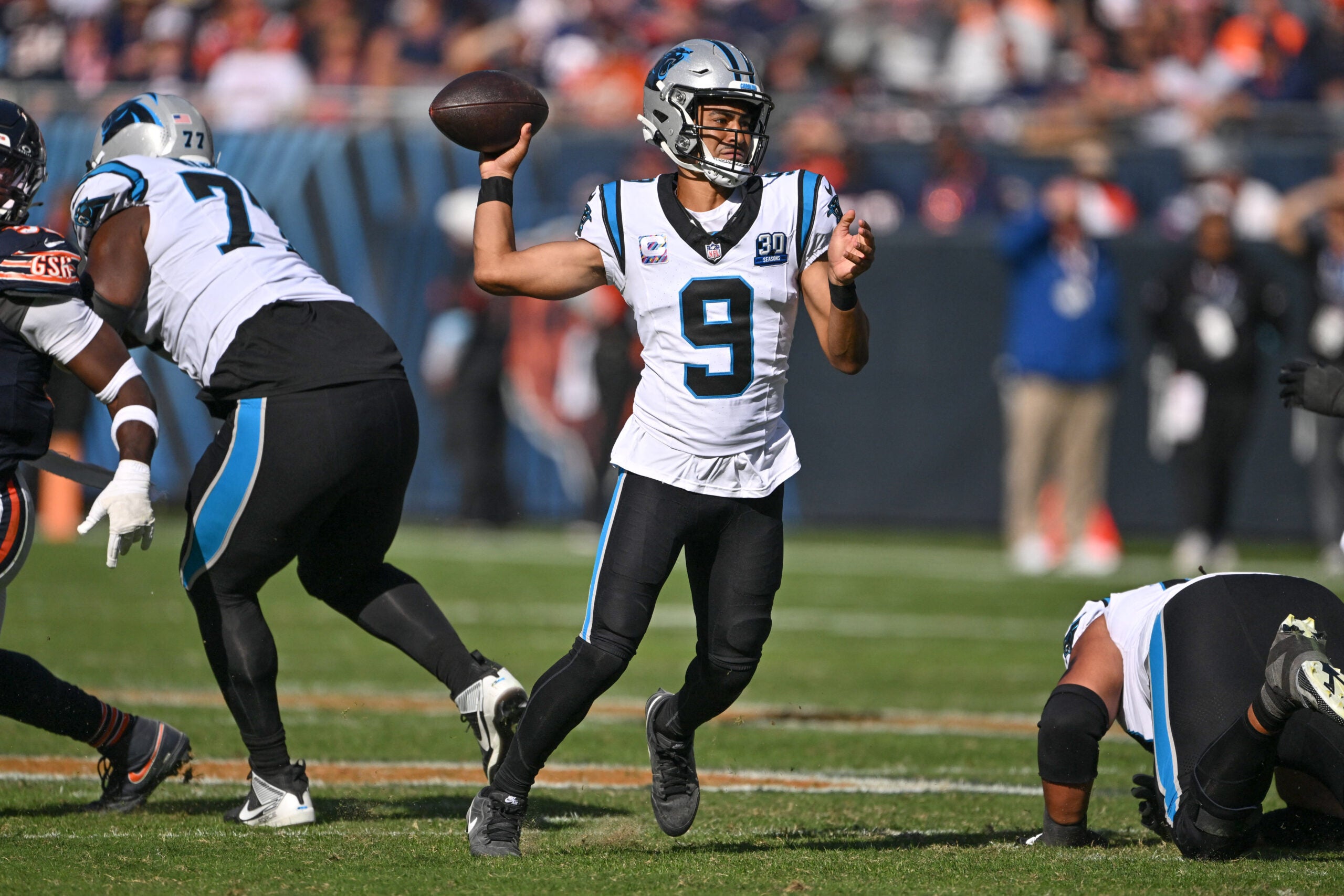 Oct 6, 2024; Chicago, Illinois, USA; Carolina Panthers quarterback Bryce Young (9) passes the ball against the Chicago Bears during the fourth quarter at Soldier Field.