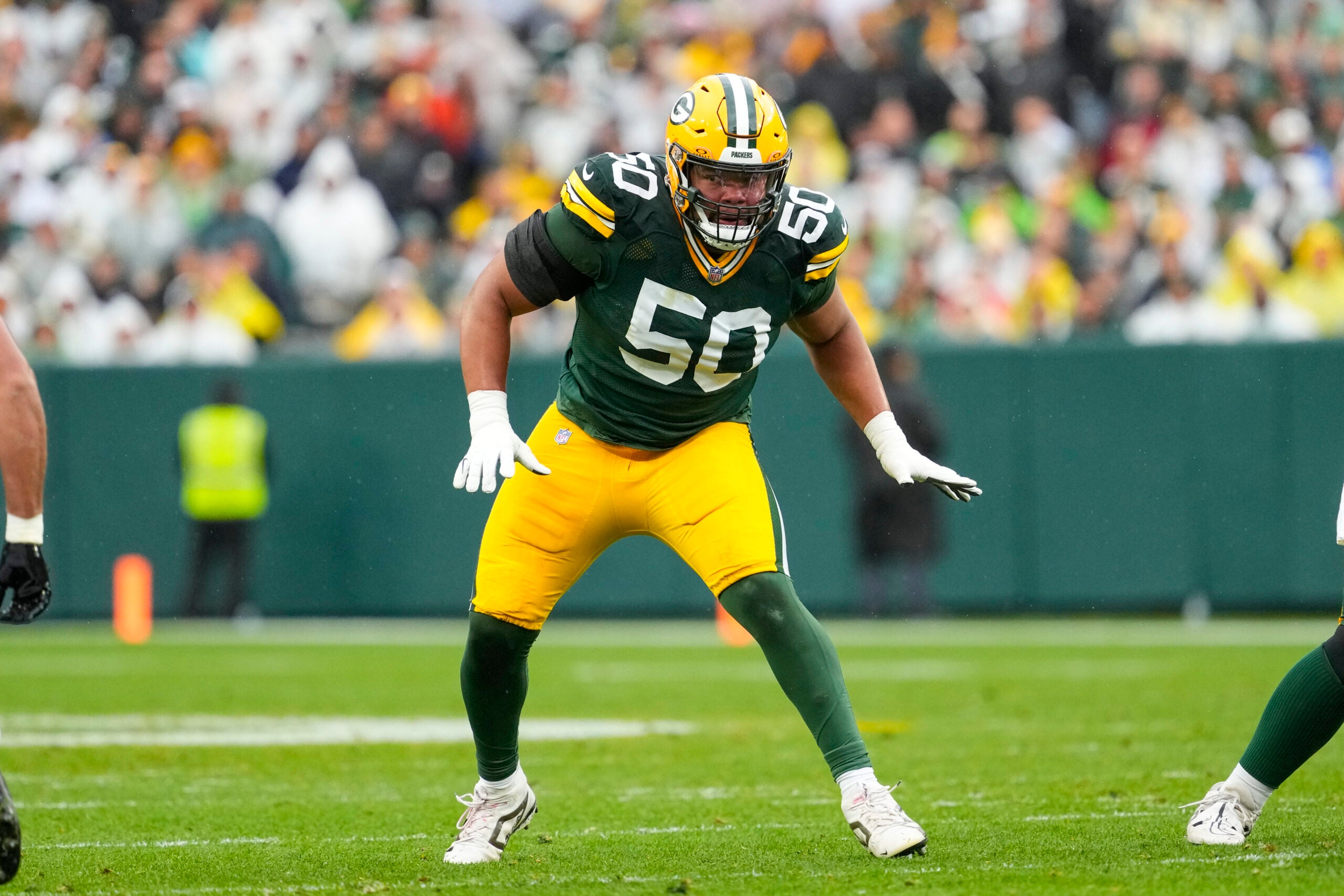 Oct 13, 2024; Green Bay, Wisconsin, USA; Green Bay Packers offensive linenam Zach Bako-Bewele (50) during the game against the Arizona Cardinals at Lambeau Field.