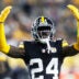 Oct 20, 2024; Pittsburgh, Pennsylvania, USA; Pittsburgh Steelers cornerback Joey Porter Jr. (24) gestures against the New York Jets during the second quarter at Acrisure Stadium.