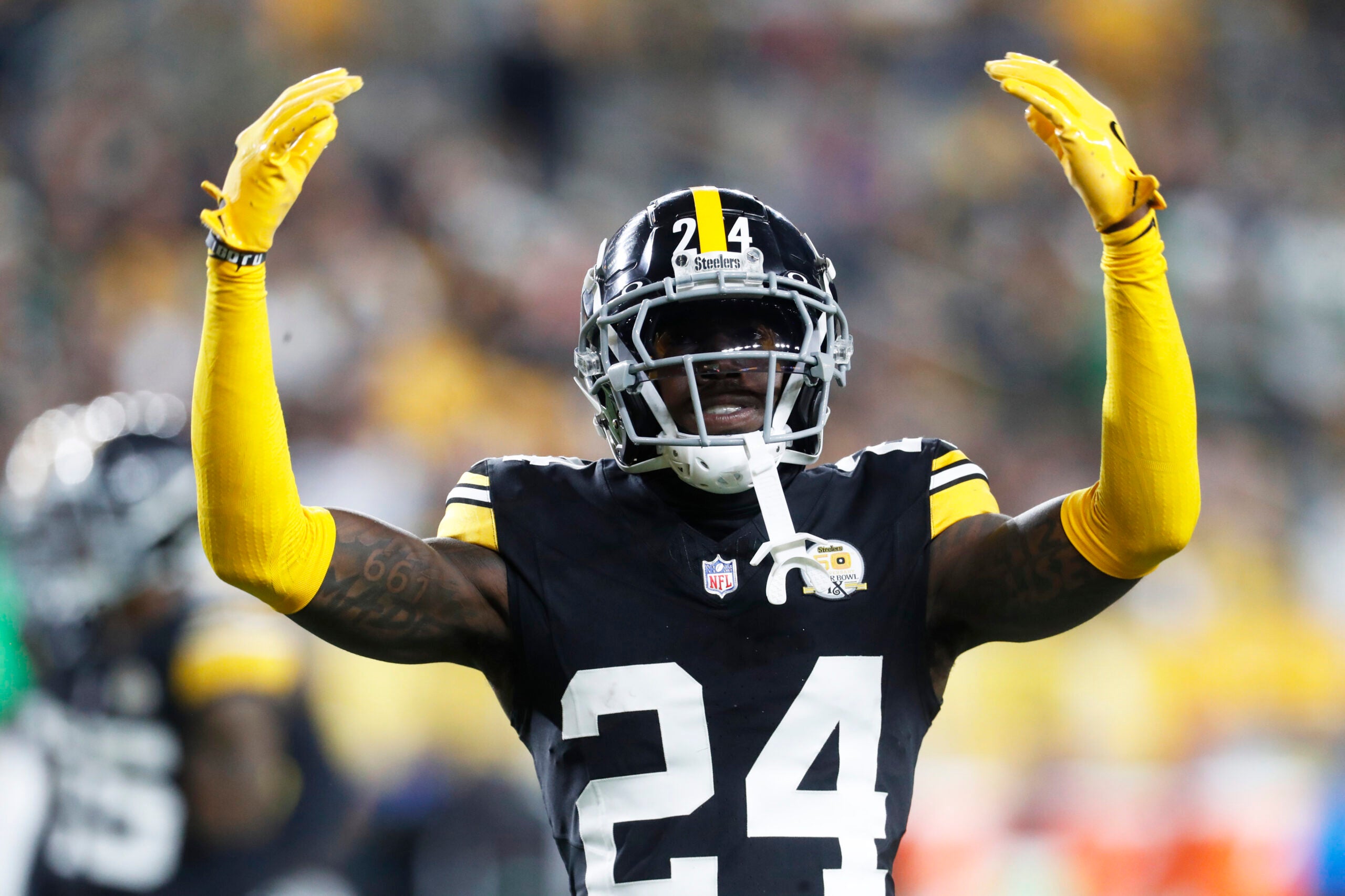Oct 20, 2024; Pittsburgh, Pennsylvania, USA; Pittsburgh Steelers cornerback Joey Porter Jr. (24) gestures against the New York Jets during the second quarter at Acrisure Stadium.