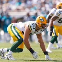Oct 27, 2024; Jacksonville, Florida, USA; Green Bay Packers defensive lineman Lukas Van Ness (90) waits for the snap against the Jacksonville Jaguars during the second quarter at EverBank Stadium.