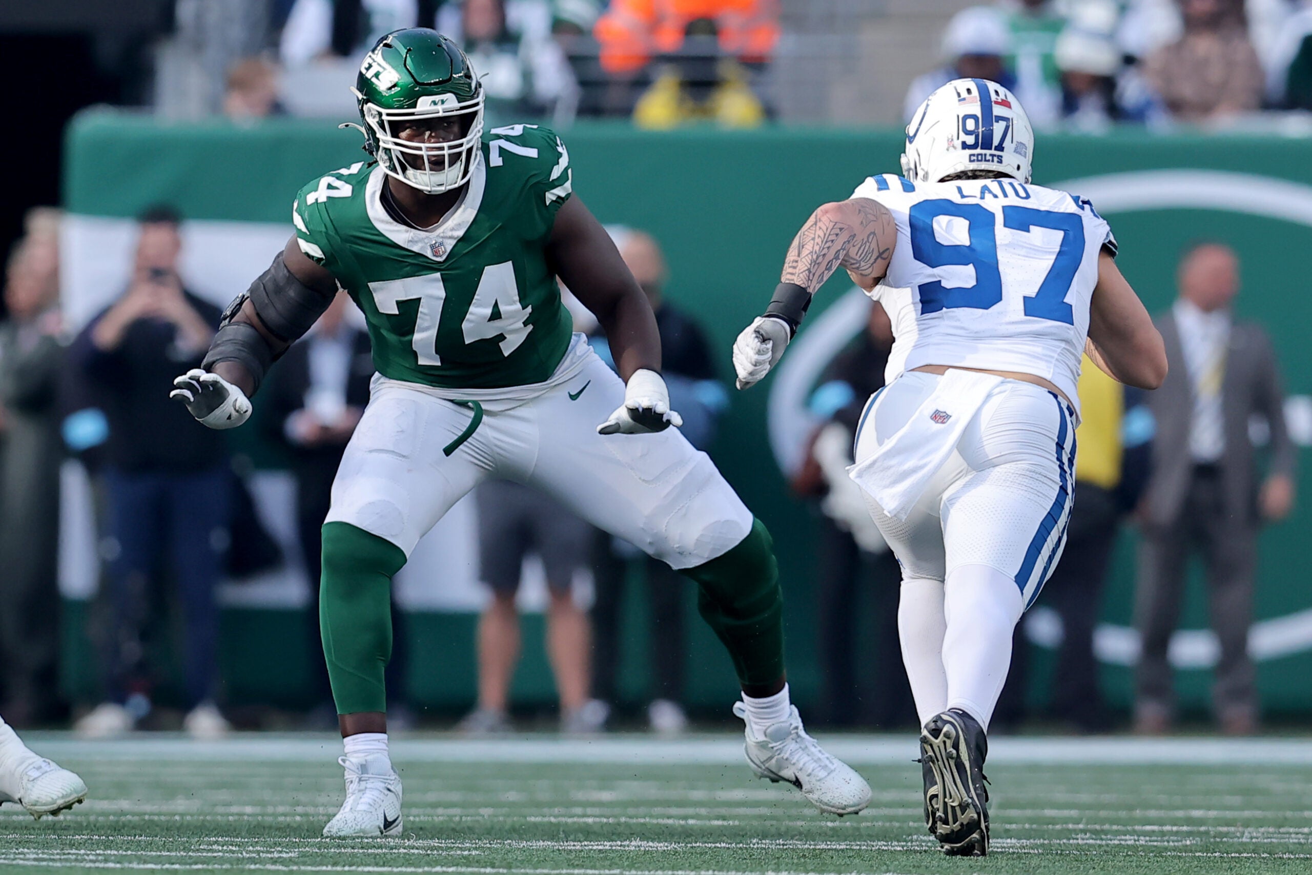 New York Jets left tackle Olu Fashanu currently leads the NFL in sacks allowed.