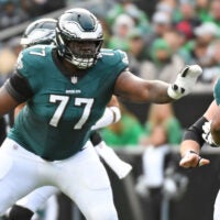 Dec 8, 2024; Philadelphia, Pennsylvania, USA; Philadelphia Eagles offensive tackle Mekhi Becton (77) against the Carolina Panthers at Lincoln Financial Field.