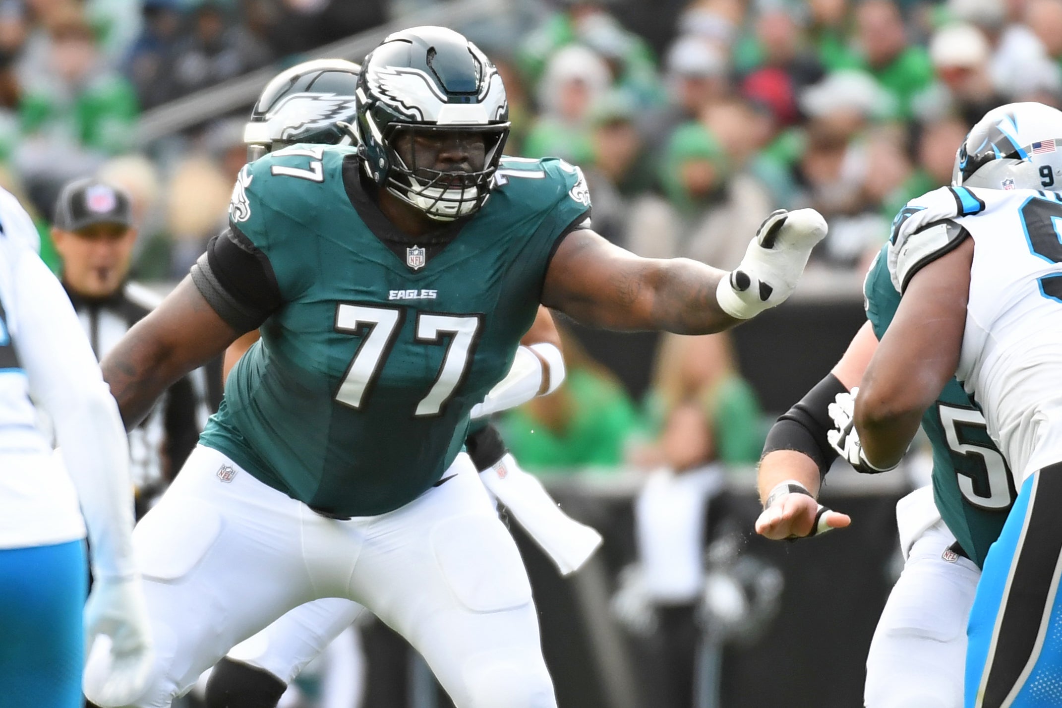 Dec 8, 2024; Philadelphia, Pennsylvania, USA; Philadelphia Eagles offensive tackle Mekhi Becton (77) against the Carolina Panthers at Lincoln Financial Field.