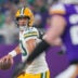 Dec 29, 2024; Minneapolis, Minnesota, USA; Green Bay Packers quarterback Jordan Love (10) looks to pass against Minnesota Vikings in the first quarter at U.S. Bank Stadium.