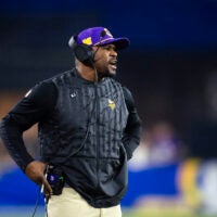 Jan 13, 2025; Glendale, AZ, USA; Minnesota Vikings defensive coordinator Brian Flores against the Los Angeles Rams during an NFC wild card game at State Farm Stadium. Mandatory Credit: