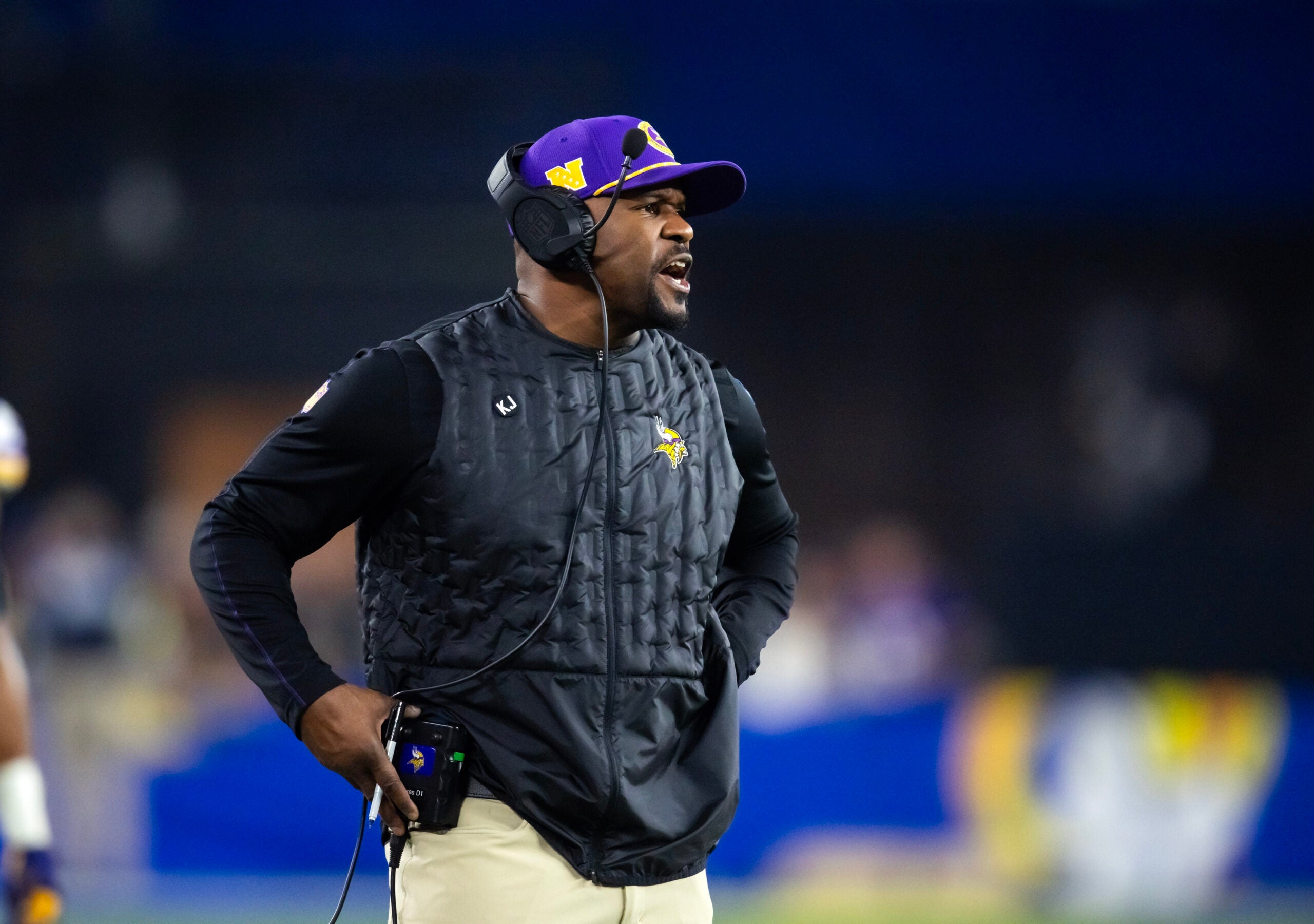 Jan 13, 2025; Glendale, AZ, USA; Minnesota Vikings defensive coordinator Brian Flores against the Los Angeles Rams during an NFC wild card game at State Farm Stadium. Mandatory Credit: