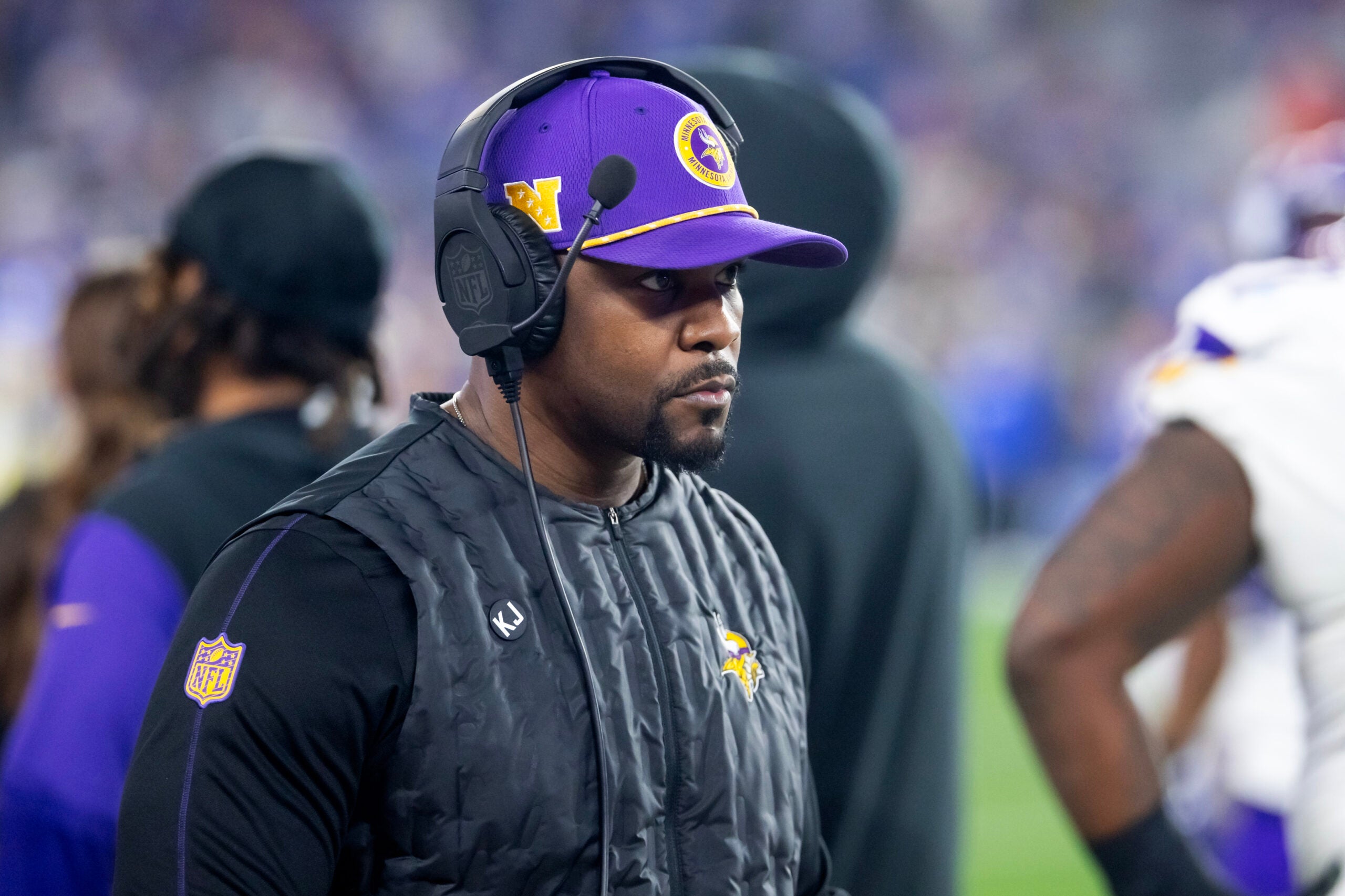 Jan 13, 2025; Glendale, AZ, USA; Minnesota Vikings defensive coordinator Brian Flores against the Los Angeles Rams during an NFC wild card game at State Farm Stadium.