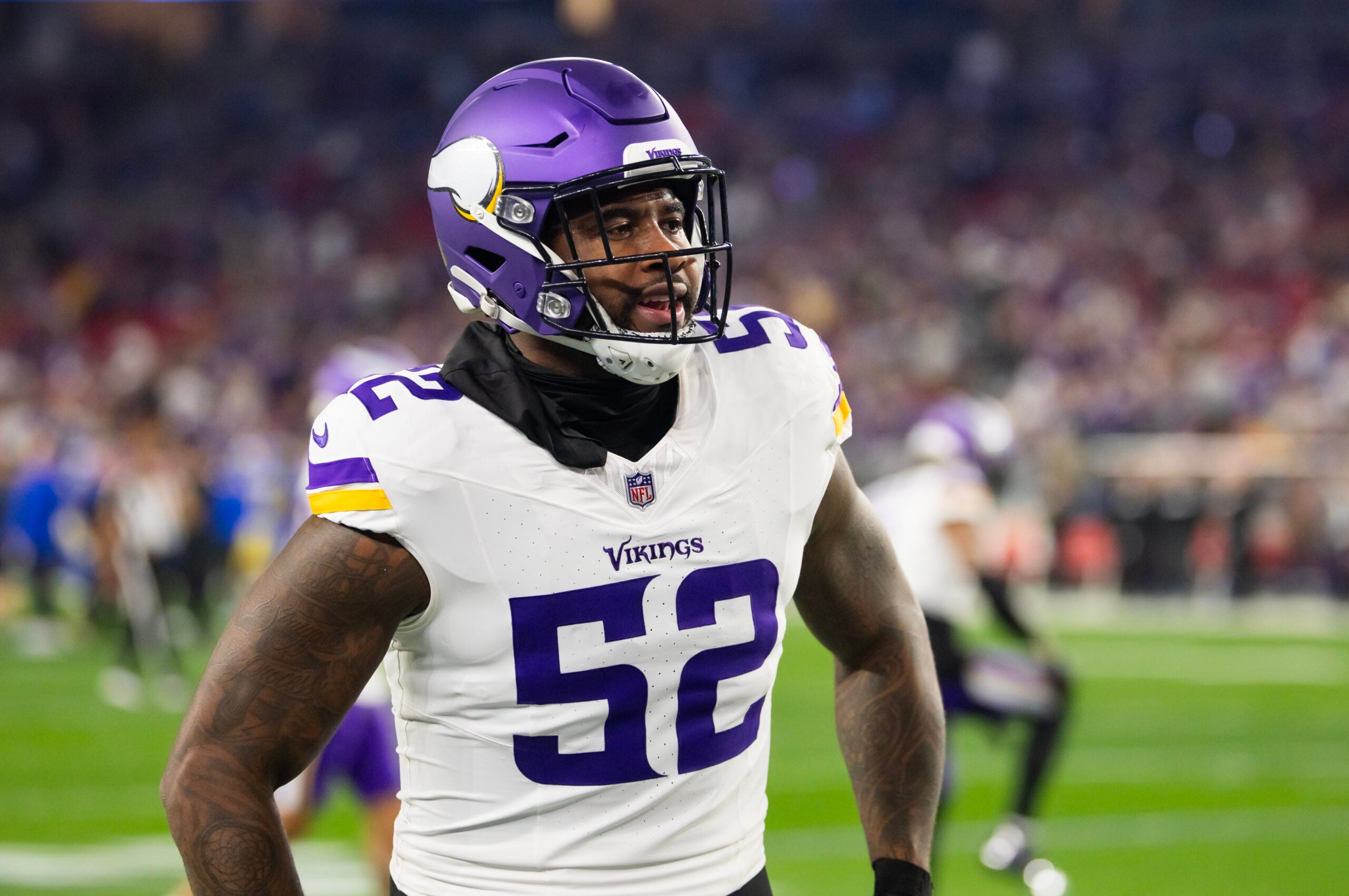 Jan 13, 2025; Glendale, AZ, USA; Minnesota Vikings linebacker Jihad Ward (52) against the Los Angeles Rams during an NFC wild card game at State Farm Stadium.