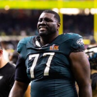 Feb 9, 2025; New Orleans, LA, USA; Philadelphia Eagles offensive tackle Mekhi Becton (77) against the Kansas City Chiefs during Super Bowl LIX at Ceasars Superdome.