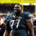 Feb 9, 2025; New Orleans, LA, USA; Philadelphia Eagles offensive tackle Mekhi Becton (77) against the Kansas City Chiefs during Super Bowl LIX at Ceasars Superdome.