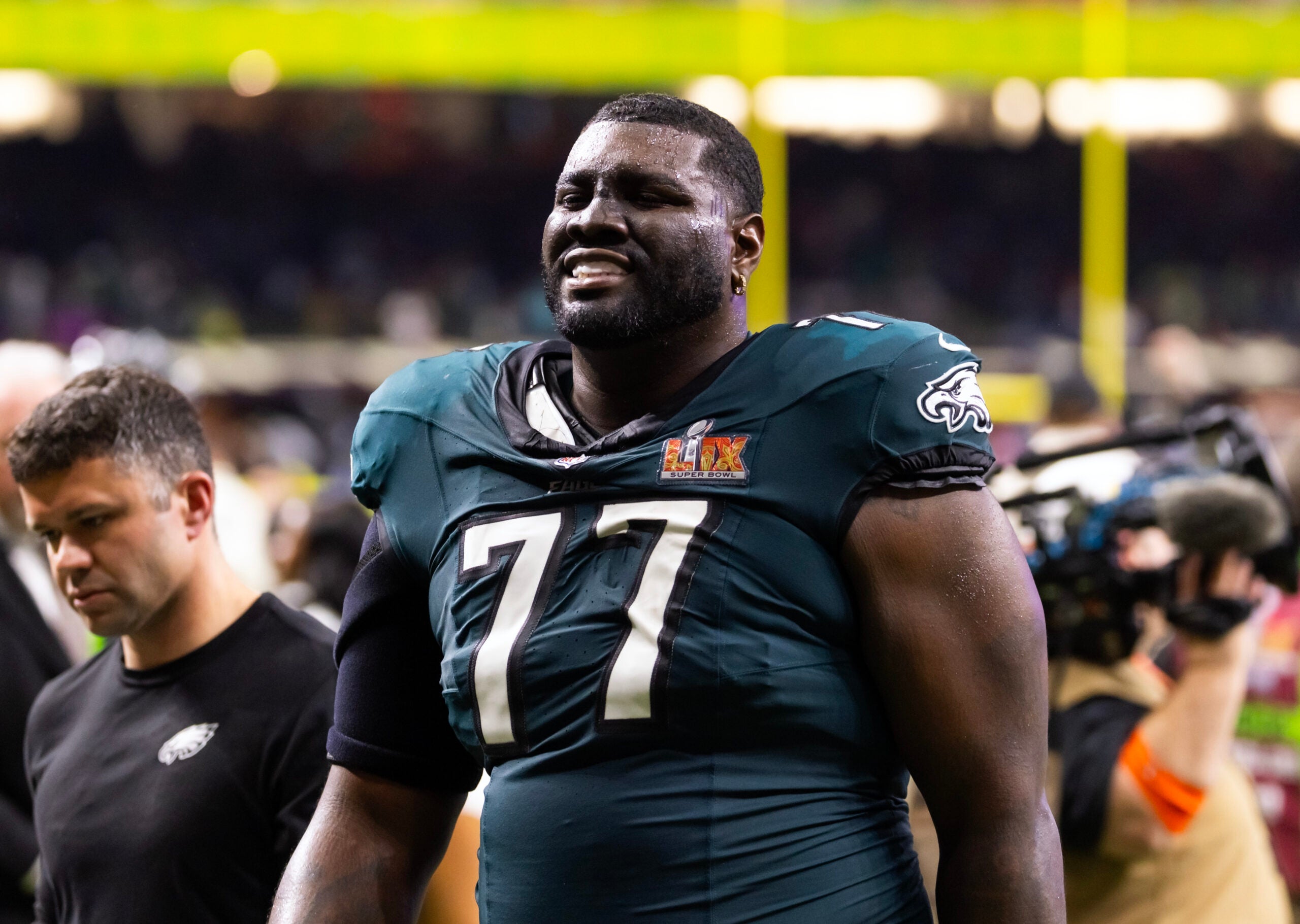 Feb 9, 2025; New Orleans, LA, USA; Philadelphia Eagles offensive tackle Mekhi Becton (77) against the Kansas City Chiefs during Super Bowl LIX at Ceasars Superdome.
