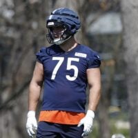 May 9, 2025; Lake Forest, IL, USA; Chicago Bears offensive line Ozzy Trapilo (75) looks on during the Rookie Minicamp at Halas Hall.