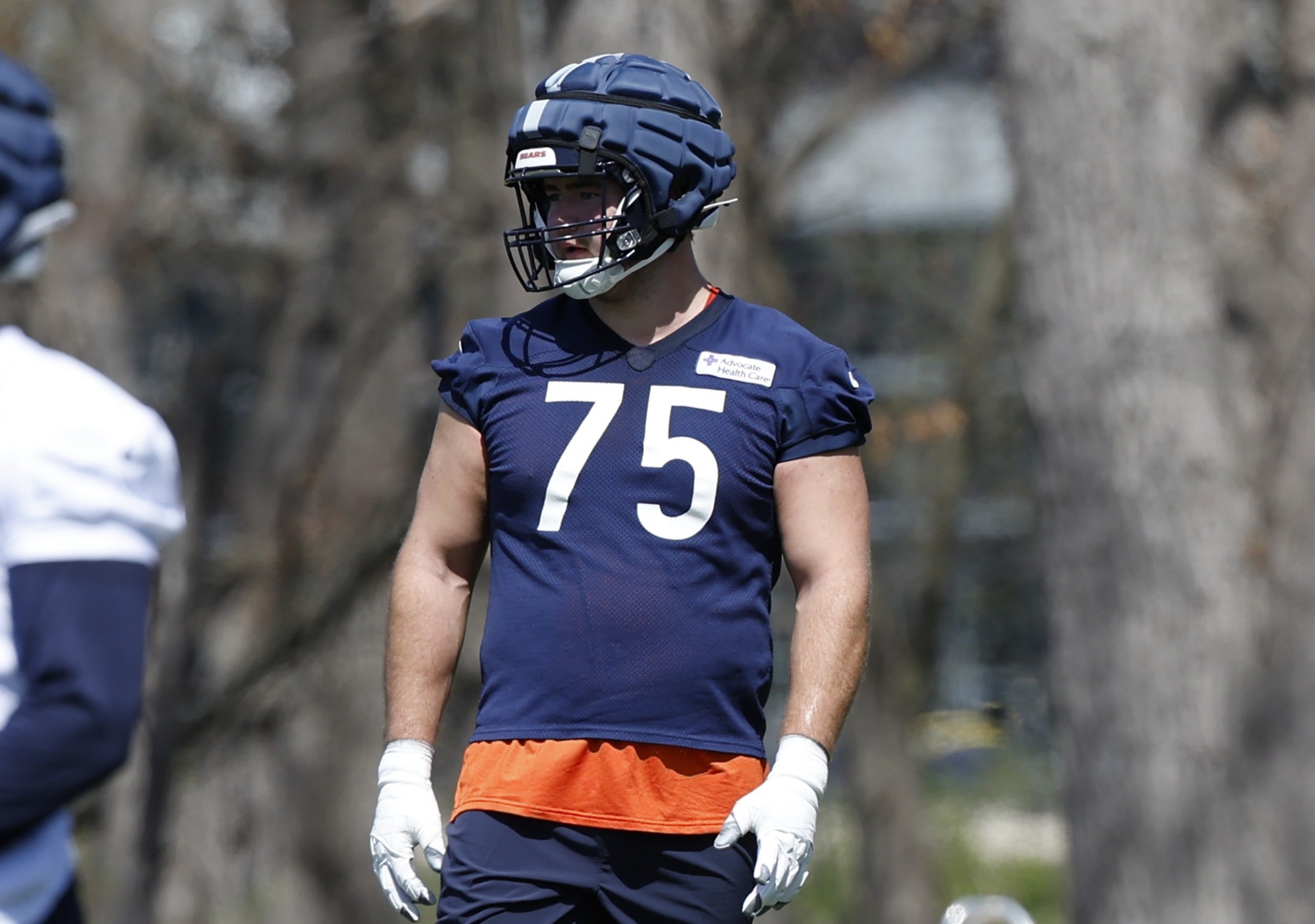 May 9, 2025; Lake Forest, IL, USA; Chicago Bears offensive line Ozzy Trapilo (75) looks on during the Rookie Minicamp at Halas Hall.