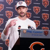 May 10, 2025; Lake Forest, IL, USA; Chicago Bears offensive coordinator Declan Doyle answers questions after rookie minicamp at Halas Hall.