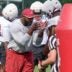 July 30, 2025; Tuscaloosa, AL, USA; Defensive line coach Freddie Roach works with players during the first practice session of the preseason for the Alabama Crimson Tide.