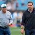 Aug 8, 2025; Charlotte, North Carolina, USA; Carolina Panthers team owner David Tepper and General Manager Dan Morgan during the first quarter between the Carolina Panthers and the Cleveland Browns at Bank of America Stadium.