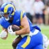 Aug 23, 2025; Cleveland, Ohio, USA; Los Angeles Rams tight end Mark Redman (83) runs with the ball after a catch during the second half against the Cleveland Browns at Huntington Bank Field.