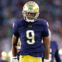 Notre Dame safety Tae Johnson celebrates after getting a stop in the first half of a NCAA football game against Texas A&M at Notre Dame Stadium on Saturday, Sept. 13, 2025, in South Bend.