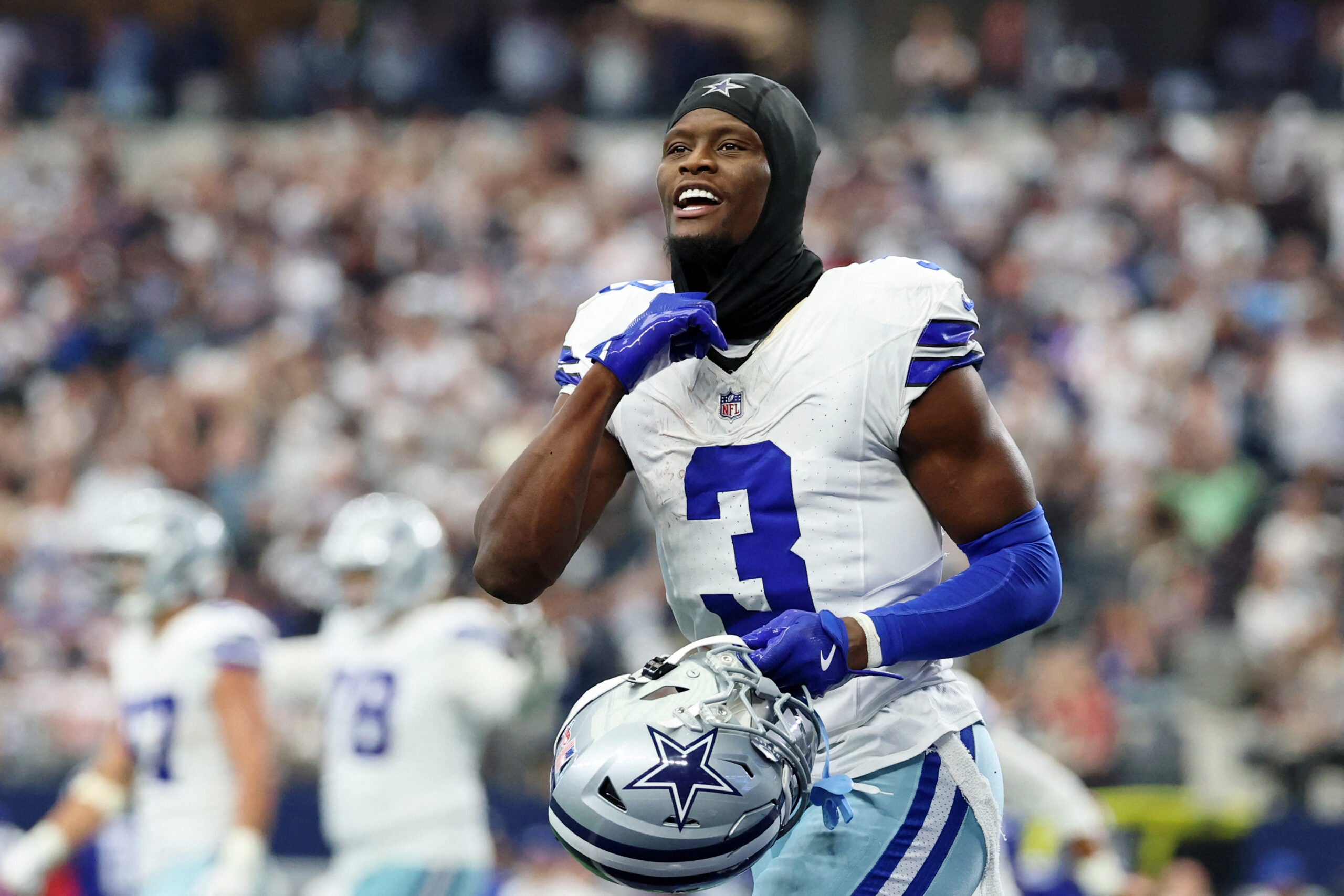 Sep 14, 2025; Arlington, Texas, USA; Dallas Cowboys wide receiver George Pickens (3) reacts after a play against the New York Giants during the fourth quarter at AT&T Stadium.