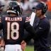 Sep 21, 2025; Chicago, Illinois, USA; Chicago Bears head coach Ben Johnson talks with quarterback Caleb Williams (18) against the Dallas Cowboys during the second half at Soldier Field.
