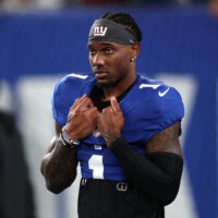 Sep 21, 2025; East Rutherford, New Jersey, USA; New York Giants wide receiver Malik Nabers (1) looks on before the game against the Kansas City Chiefs at MetLife Stadium.