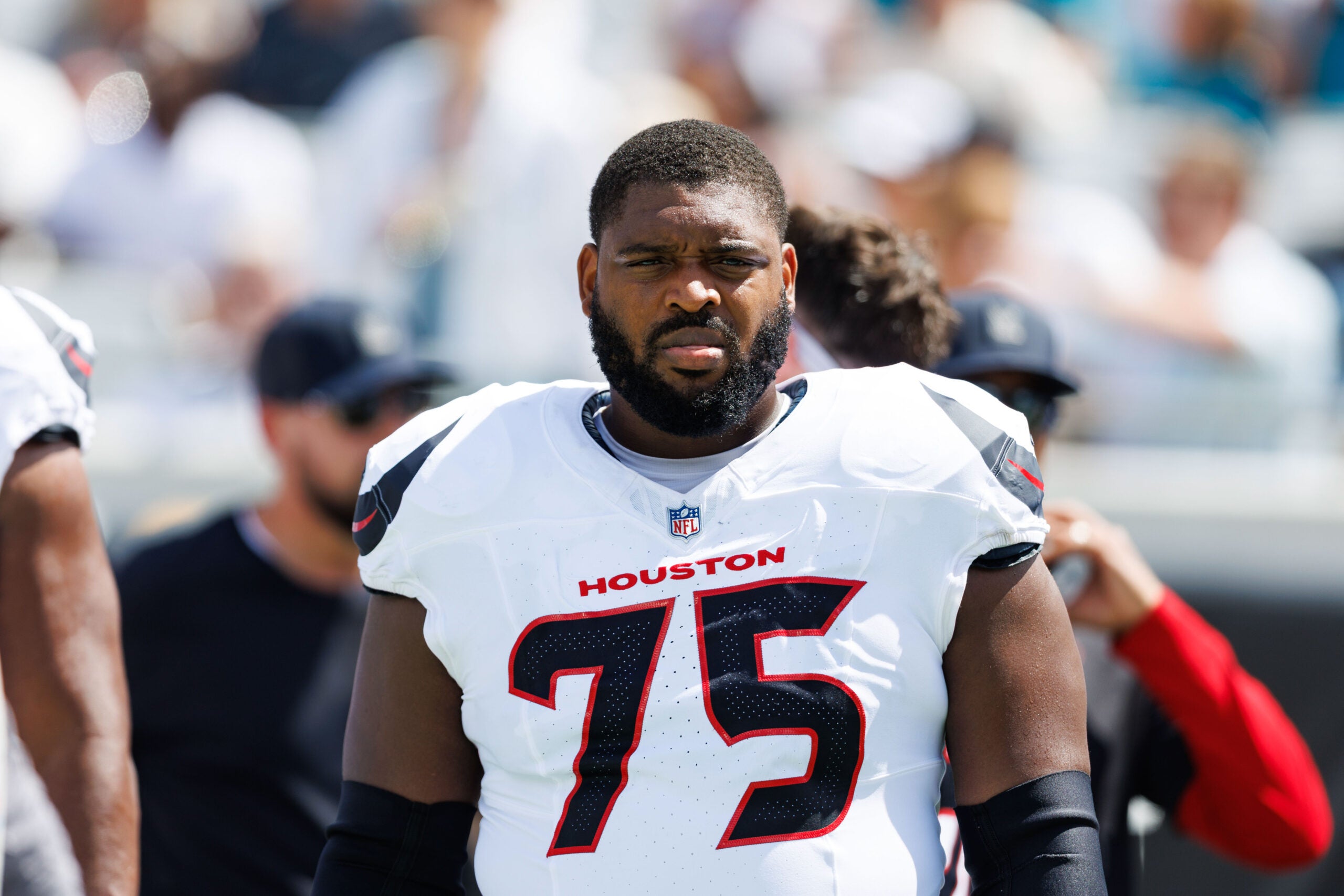 Sep 21, 2025; Jacksonville, Florida, USA; Houston Texans guard Laken Tomlinson (75) before the game against the Jacksonville Jaguars at EverBank Stadium.