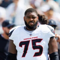 Sep 21, 2025; Jacksonville, Florida, USA; Houston Texans guard Laken Tomlinson (75) before the game against the Jacksonville Jaguars at EverBank Stadium.