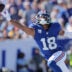 Sep 28, 2025; East Rutherford, New Jersey, USA; New York Giants wide receiver Darius Slayton (18) attempts to make a catch during the second quarter against the Los Angeles Chargers at MetLife Stadium.