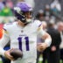 Oct 5, 2025; Tottenham, United Kingdom; Minnesota Vikings quarterback Carson Wentz (11) warms up before an NFL International Series game between the Minnesota Vikings and the Cleveland Browns at Tottenham Hotspur Stadium.