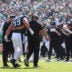 Oct 5, 2025; Philadelphia, Pennsylvania, USA; Philadelphia Eagles guard Landon Dickerson (69) is helped off the field in the first quarter against the Denver Broncos at Lincoln Financial Field.