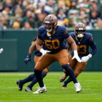 Nov 2, 2025; Green Bay, Wisconsin, USA; Green Bay Packers offensive linenam Zach Bako-Bewele (50) during the game against the Carolina Panthers at Lambeau Field.
