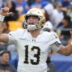 Nov 15, 2025; Pittsburgh, Pennsylvania, USA; Notre Dame Fighting Irish quarterback CJ Carr (13) calls an audible at the line of scrimmage against the Pittsburgh Panthers during the fourth quarter at Acrisure Stadium.
