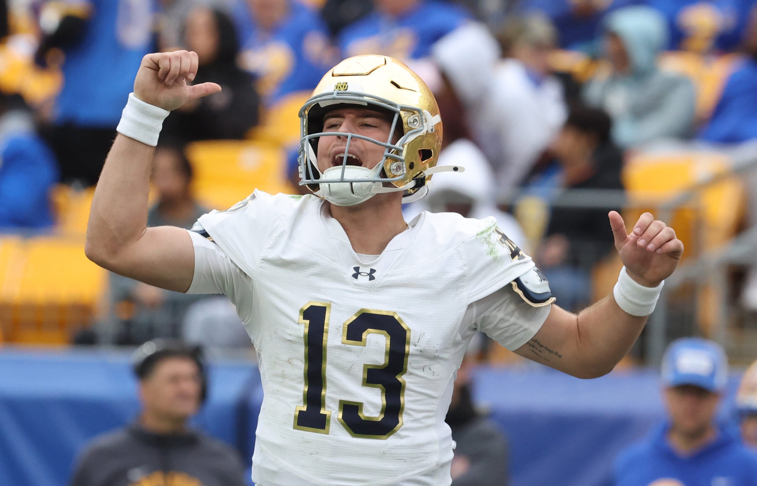 Nov 15, 2025; Pittsburgh, Pennsylvania, USA; Notre Dame Fighting Irish quarterback CJ Carr (13) calls an audible at the line of scrimmage against the Pittsburgh Panthers during the fourth quarter at Acrisure Stadium.