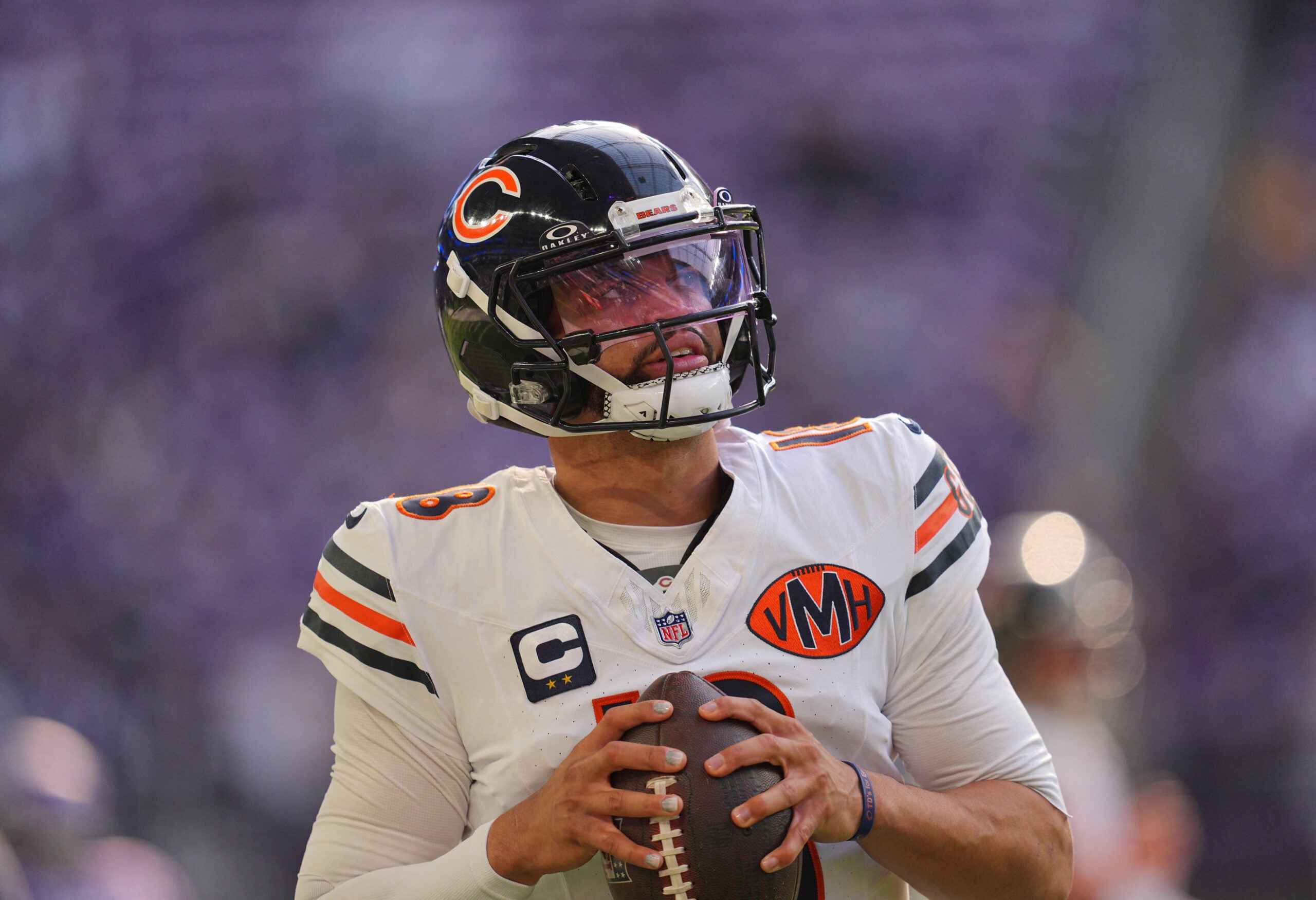 Nov 16, 2025; Minneapolis, Minnesota, USA; Chicago Bears quarterback Caleb Williams (18) warms up before a game against the Minnesota Vikings at U.S. Bank Stadium.