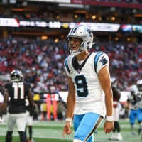 Nov 16, 2025; Atlanta, Georgia, USA; Carolina Panthers quarterback Bryce Young (9) reacts to a touchdown in the fourth quarter against the Atlanta Falcons at Mercedes-Benz Stadium. Mandatory Credit: Brett Davis-Imagn Images